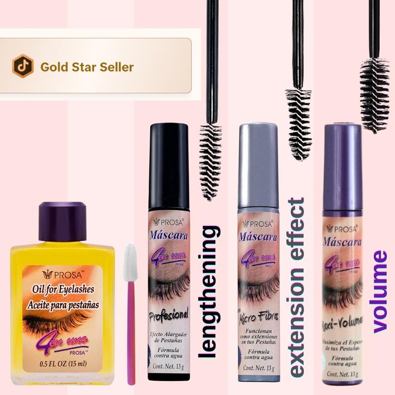 Prosa Mexican Mascara with Growth Oil - 4 Pack, 0.5 fl oz (15 ml) Each, Professional Formula Waterproof + Volume + Alargadora +  Aloe Lash Mascara Smudgeproof Makeup