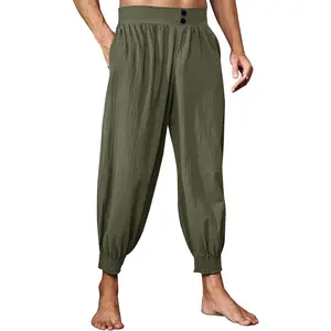 PASLTER  Mens Pirate Pants Medieval Renaissance Viking Knicker Colonial Elastic Waist Halloween Cotton Costume Pants Menswear Pocket