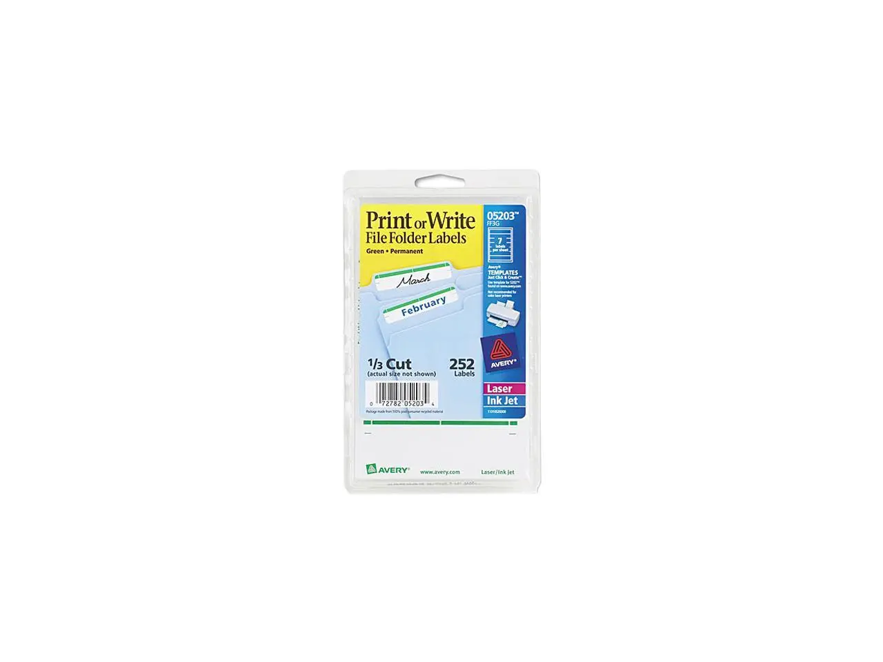 Avery 05203 Print or Write File Folder Labels, 11/16 x 3-7/16, White/Green Bar, 252/Pack