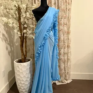 Ruffle Georgette Saree Only - Sky Blue Color Traditional Fabric Saree Displayed on Mannequin
