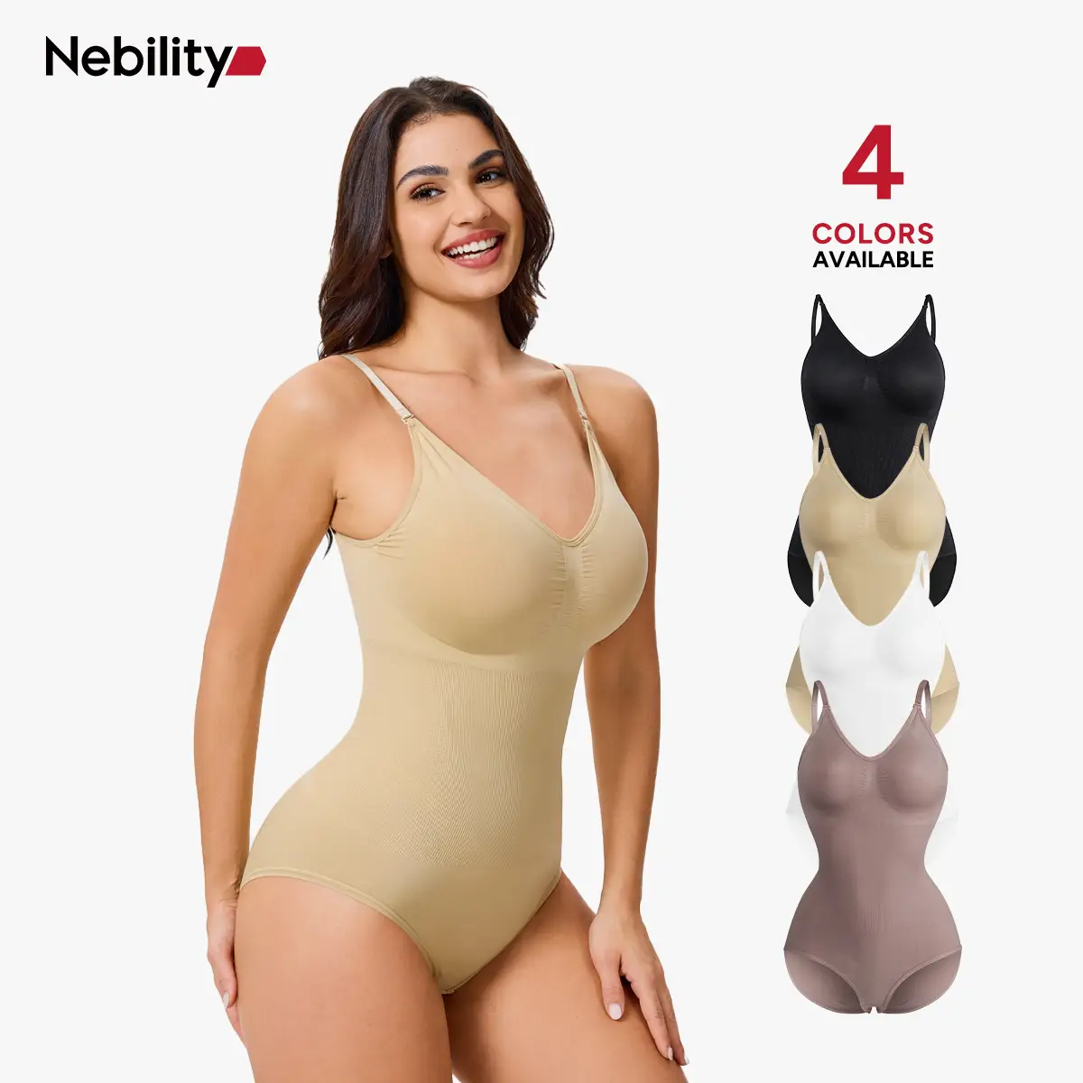 [MAX] Nebility Women's Seamless Vneck Shapewear - Basic Comfortable Sleeveless Camisole, Stretchy Bodysuit with Gentle Tummy Support, Minimalist Women