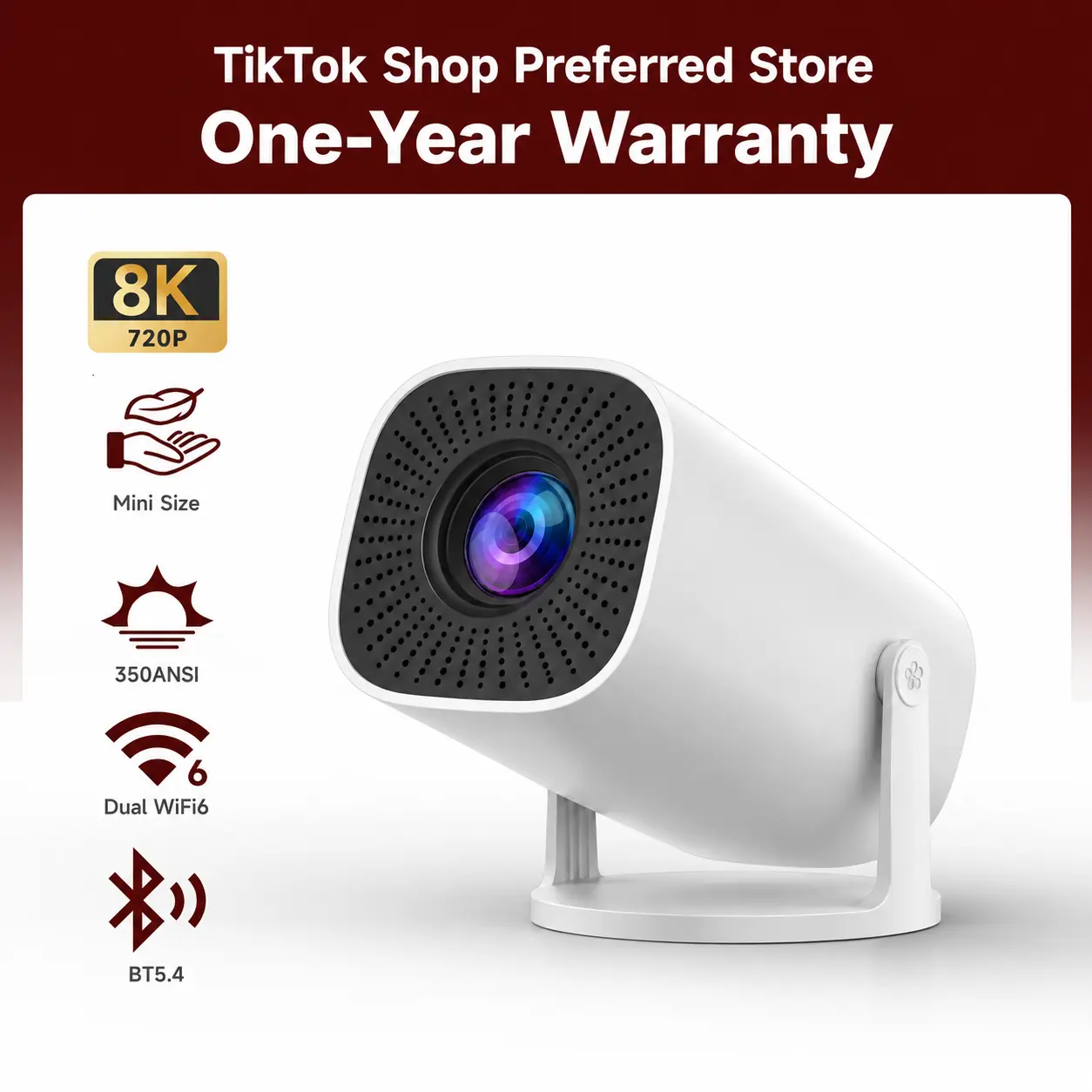 Mini Projector - 350ANSI Native 720P LCD, Auto Keystone, 180° Rotation, Silent Operation, WiFi 6+BT5.4, Android 14, 8K/4K Decode, Built-in Speaker for Home Use & Outdoor Gaming, Tech Gift #TikTokShop