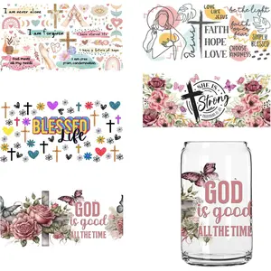5 Sheets 3D UV Transfer Sticker Design Jesus Blessed Cup Wraps Stickers for 16oz Glass Mug Waterproof Rub on Transfers Decal for Crafts
