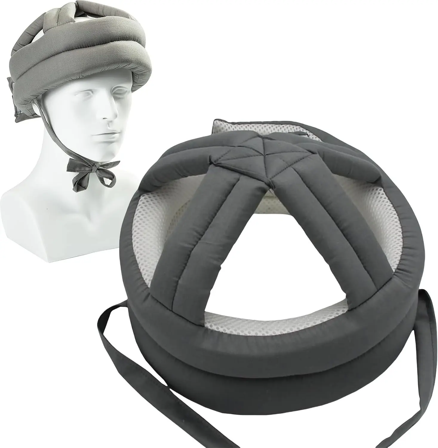 Protective Safety Helmet for Seniors, Thick Soft Adjustable Breathable Head Protection Cap for Fall Prevention, Surgery Recovery, Head Injury Shock - Gray Mesh Inner