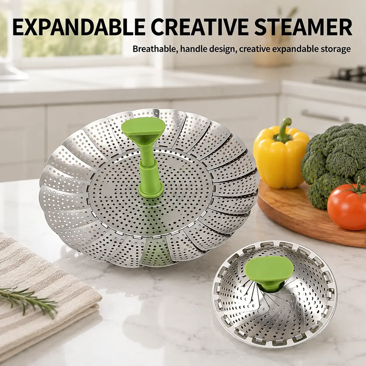 Stainless Steel Vegetable Steamer Basket - Folding Expandable Kitchen Utensil Insert with Extendable Handle for Multiple Size Pots