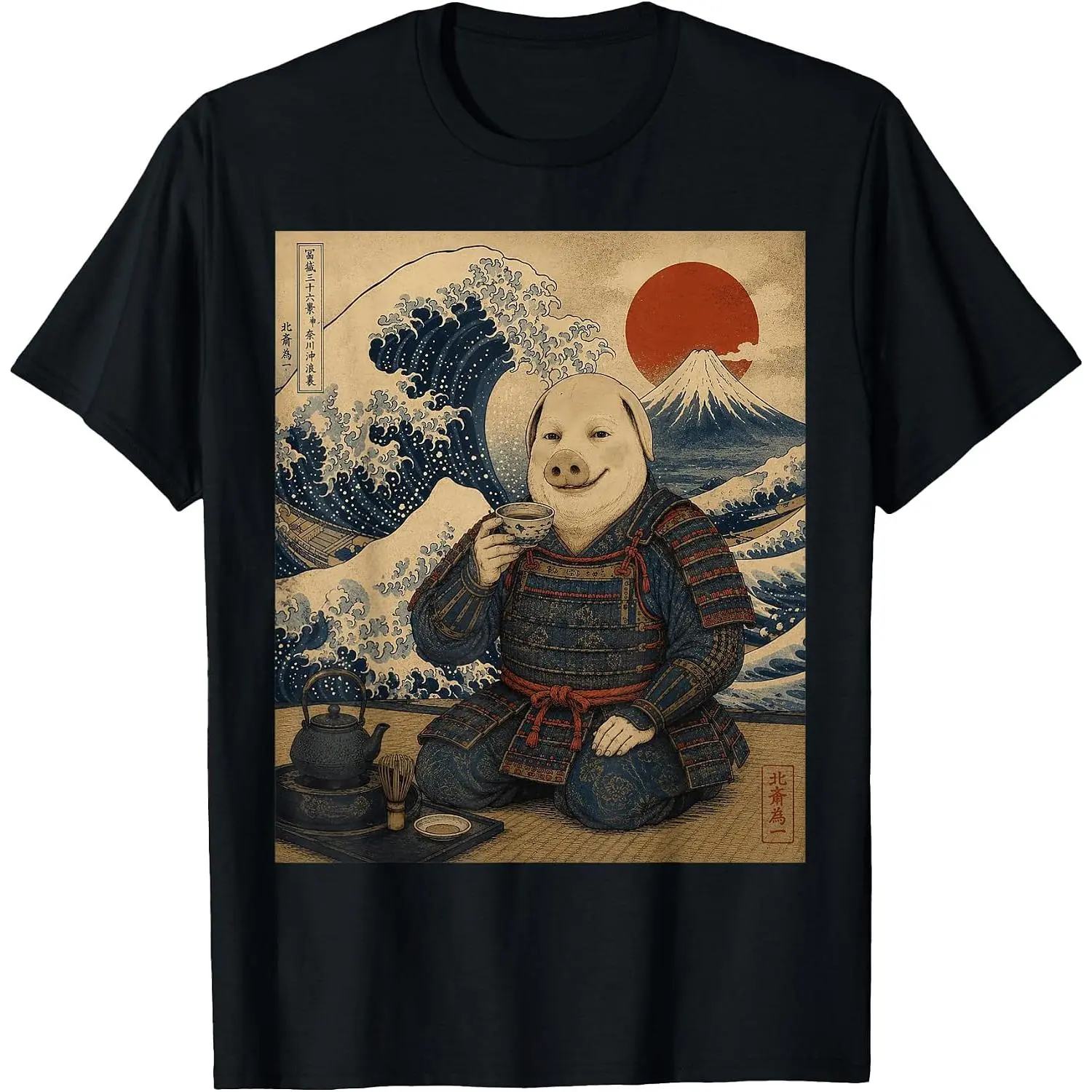 Great Wave Art John Pork Samurai Tea Ceremony Funny Pig Meme T-Shirt Women Men Unisex Cotton Clothing Streetwear