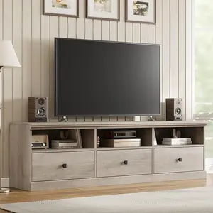 TV Stand for 75 Inch TV, Mid-Century Modern Entertainment Center with Storage Drawer, 70" TV Console with Open Shelves, Wood Media Console TV Cabinet for Living Room