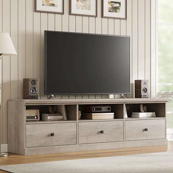 TV Stand for 75 Inch TV, Mid-Century Modern Entertainment Center with Storage Drawer, 70" TV Console with Open Shelves, Wood Media Console TV Cabinet for Living Room