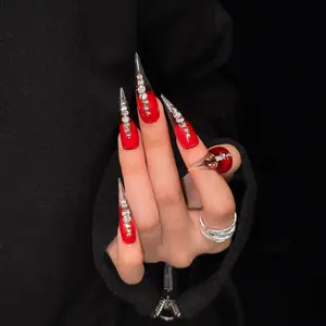 Purely handmade false nails—red translucent two-tone gradient design with 3D glitter accents; long styles including cat claws, dragon claws, and beast claws; gothic style, versatile options.