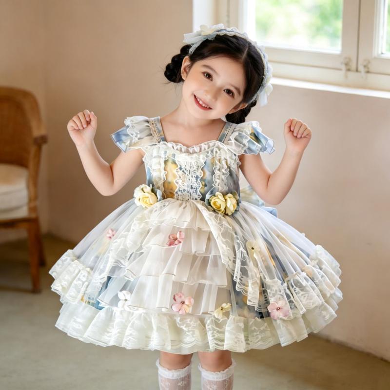 Girls' Sleeveless A-Line Cotton Formal Toddler Dress - 3-Layer Sheer Tulle Ruffled Skirt, Skin-Friendly, Patterned, Deformation-Resistant, for Party, Hand Wash Only, Size 2-12, Wedding Guest Attire