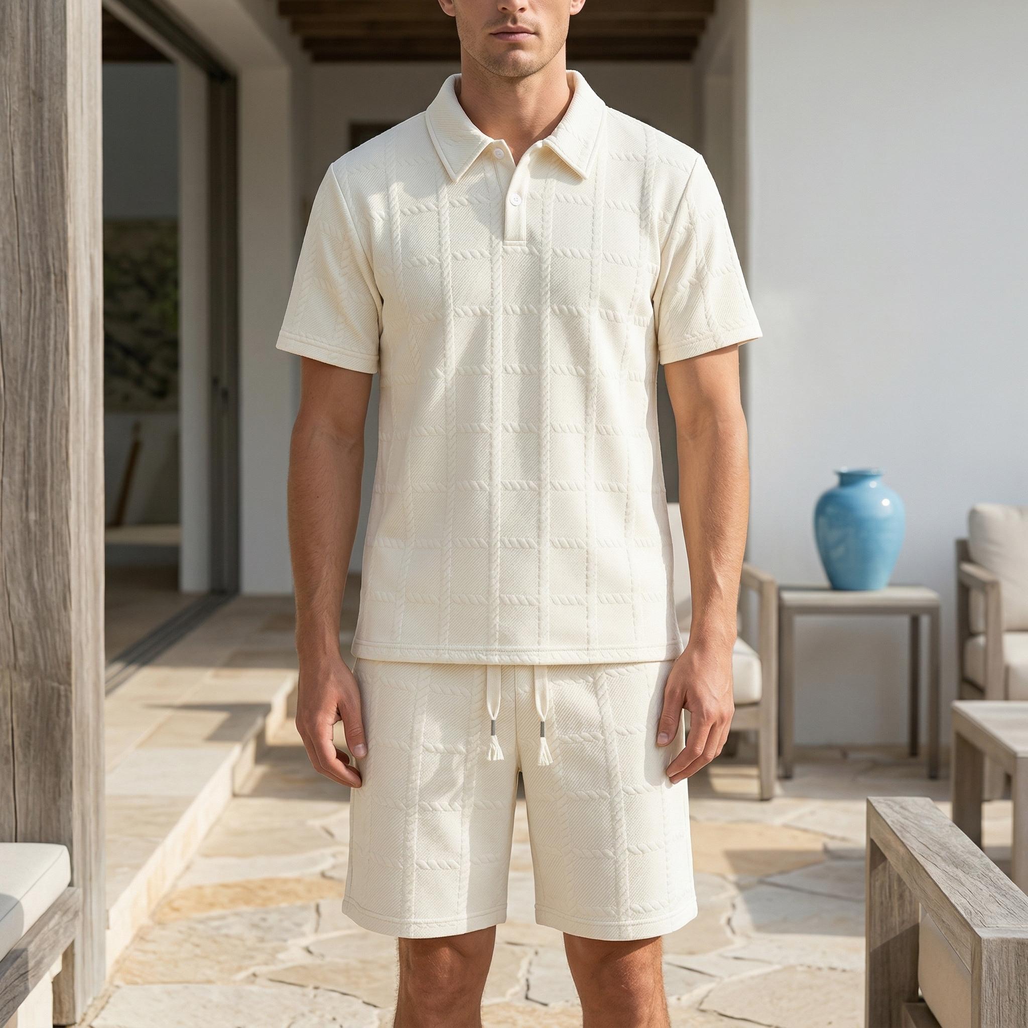 Men's 2 Piece Loungewear Set, Textured Polo Shirt & Shorts for Home & Streetwear