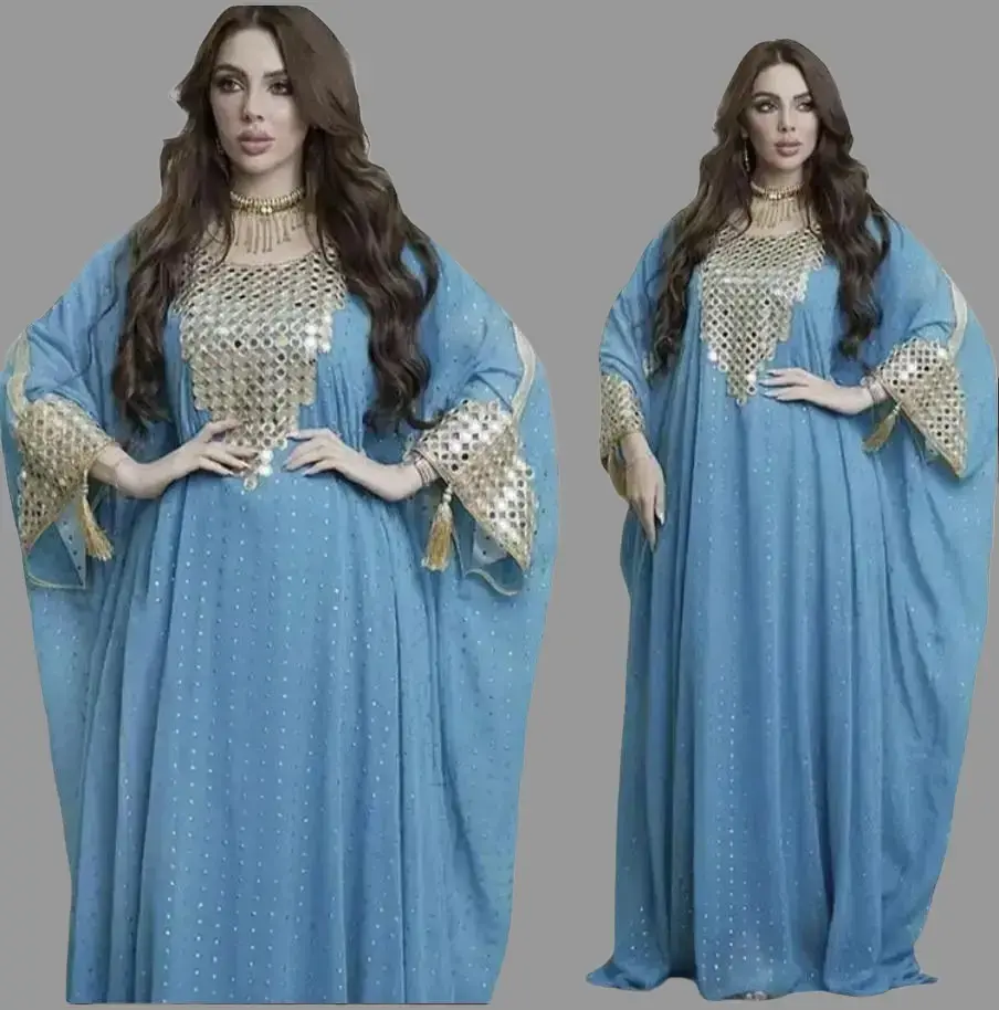Women's Abaya Chiffon Drop Beaded Dress in Vibrant Yellow with Gold Sequins and Elegant Bell Sleeves for Special Occasions Maxi Prom Abayas For Eid