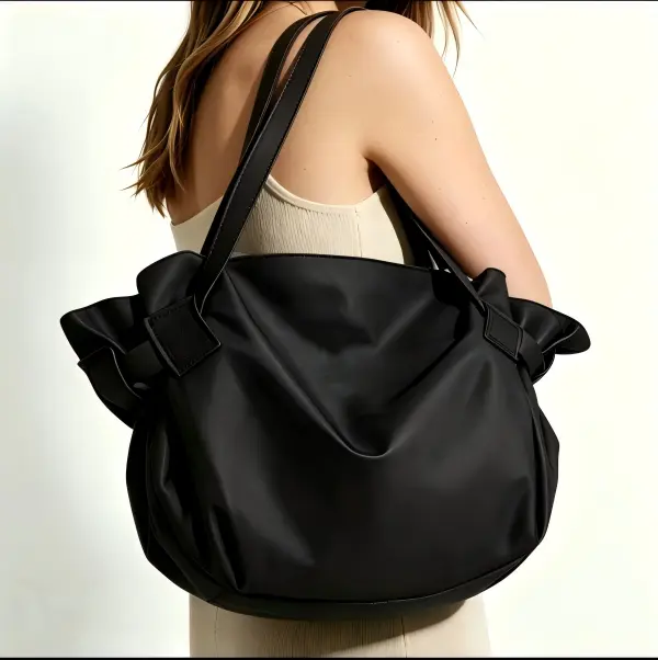Unisex Over-sized Waterproof Nylon Gym Tote Bag - Water Resistant, Lightweight, Ruffle Bow Detail, Shoulder Carry, Sturdy Soft Casual Handbag for Travel, Picnics, Black & Brown