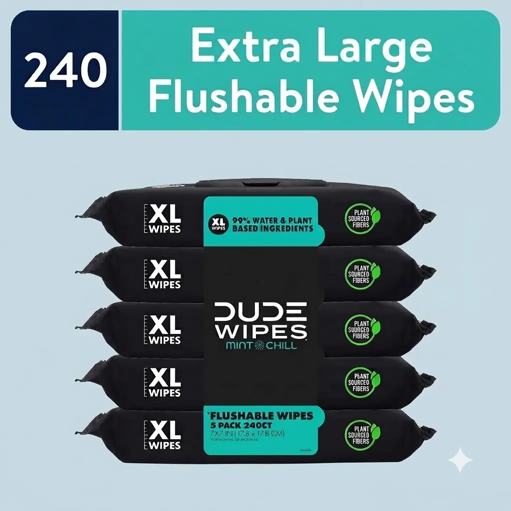 DUDE Flushable Wipes Extra Large Mint Chill Wet Wipes 48 Count 5 Pack 240 Total Cooling Refreshing Hygiene Wipes Box