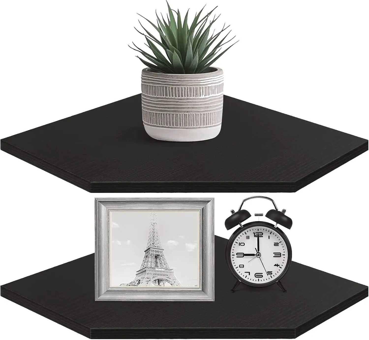 Corner Shelf Wall, Set of 2 Corner Floating Shelves with Wire Hole for TV, Cable Box, Wood Shelf Organizer for Living Room Bedroom, Black