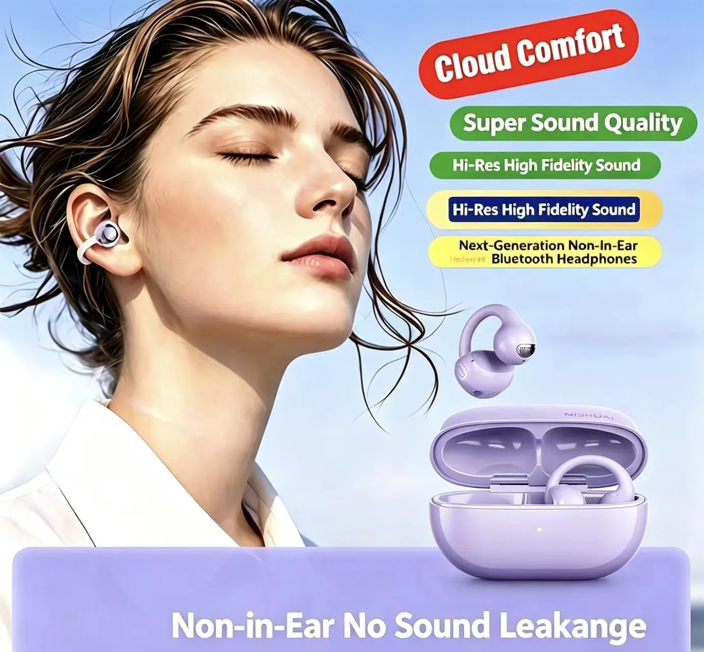 MISHUAI open-back earphones with Bluetooth 6.0, 720° surround sound, clip-on design for comfortable wear, intelligent voice assistant, suitable for office, sports, study, and audio calls, built-in microphone, and gaming Bluetooth headset.