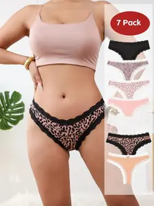 Women's Leopard Print Low Waist Thong Panties, Sexy Lace Trim, Soft Breathable Fabric, All Seasons, 7 Pack Combo