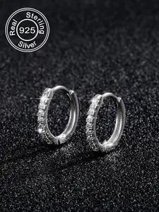925 Sterling Silver Rhinestone Decorated Geometric Design Earrings, Fashionable Hoop Earrings, Elegant Fashion Jewelry for Women & Girls, Trendy All-match & Exquisite Jewelry for Gift, High Quality Earrings