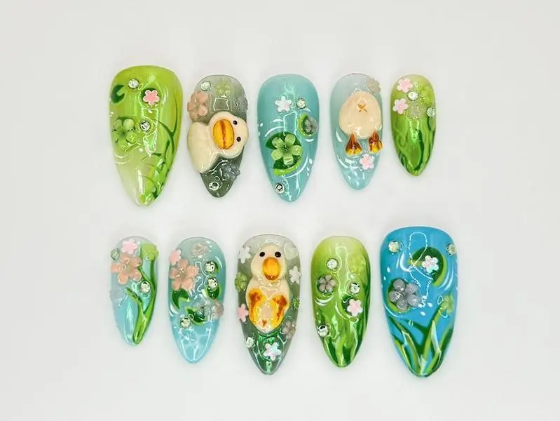 Enchanted Spring Meadow Press On Nails Green and Blue 3D Themed Duck And Waterlily Nails