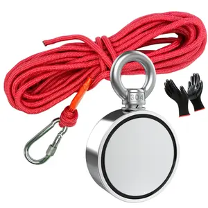 Powerful Magnet Fishing Kit Double Sided Single Ring For Pulling Force Earth Magnet, D48mm Strong Neodymium N52, with 49FT Rope Carabiner & Gloves Set, For Outdoor Searching Treasure Hunting & Metal Detecting