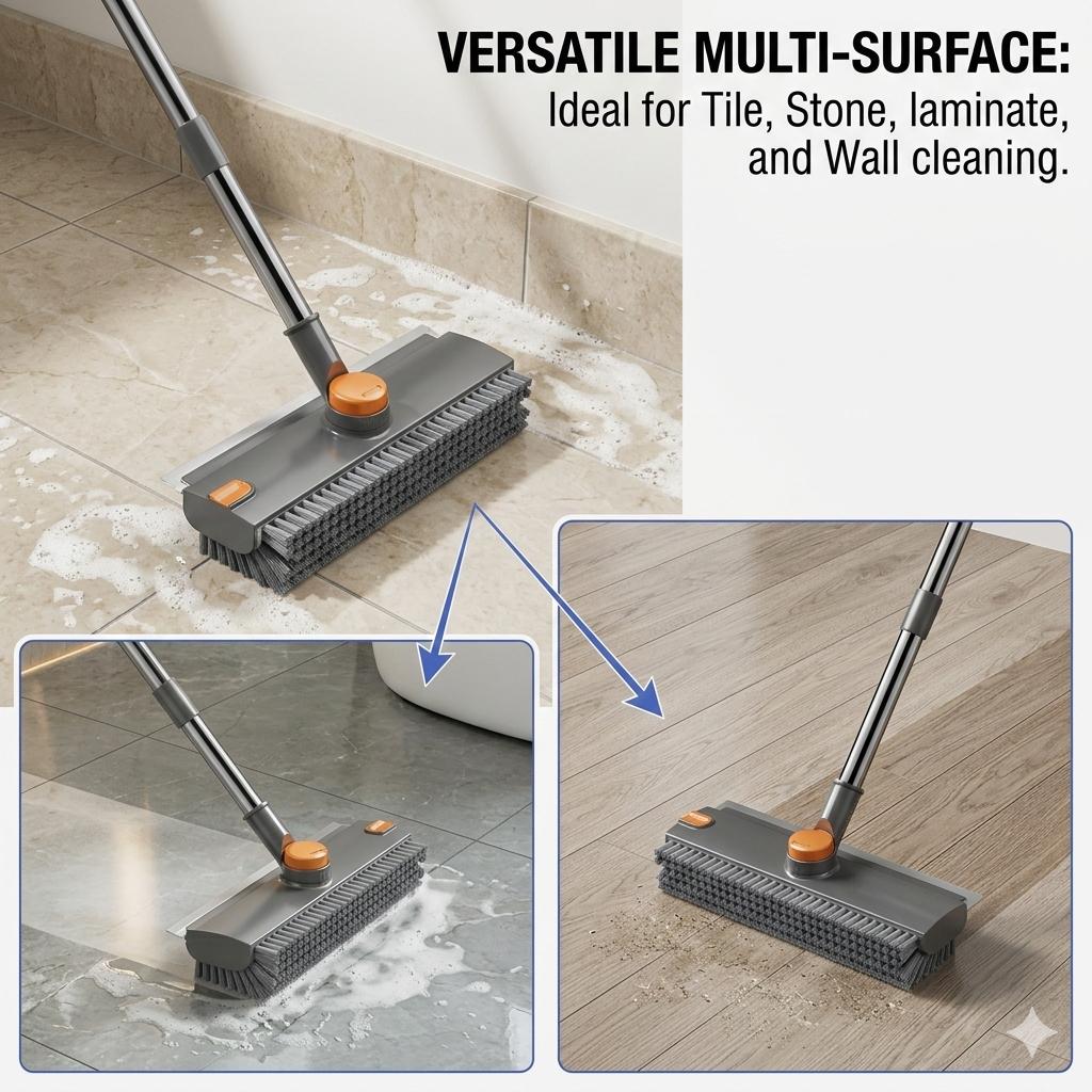 A-3-in-1 Floor Scrub Brush with Long Handle, Heavy Duty Stiff Bristle Scrubber with Squeegee, Multipurpose Cleaning Brush for Bathroom, Shower, Patio, Garage, Deck and Tile Grout