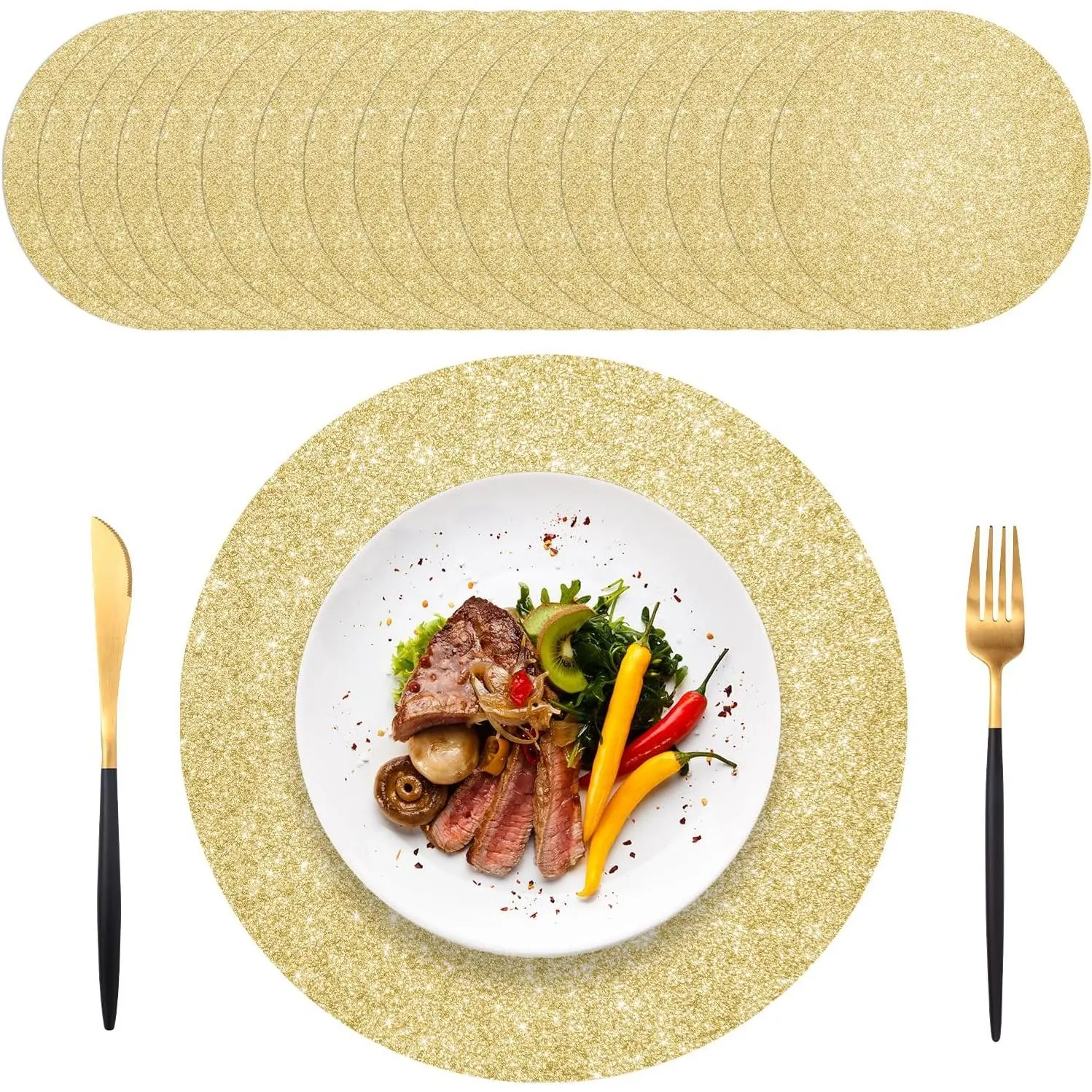 100-Piece Bulk Pack Thick Paper Disposable Sequined Tea Placemats - 13.5in Glam Light Gold Shiny Lightweight Table Top Mats, Round/Square/Rectangular Options, Stainproof for Indoor Birthday, Wedding Parties