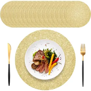 100 PCS Light Gold Placemats Disposable, Light Gold Paper Placemats, 13.5" Round Shiny Golden Place Mats, for Birthday Wedding Holiday Party Home Dining Tableware