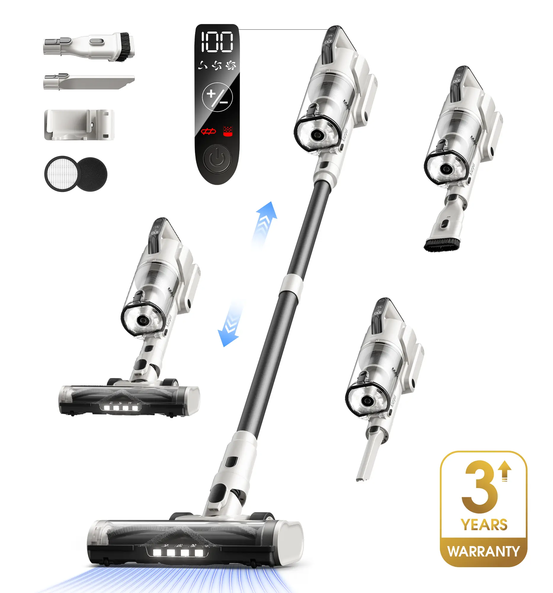 120V Smart Cordless Upright Stick Vacuum Cleaner - 600W 50KPa Powerful Suction, Portable Multi-Head Brushless, LED Touchscreen, Anti-Tangle Brush, 60 Mins Runtime, Self-Standing, 3-Year Warranty for Pet Hair, Hardwood Floors