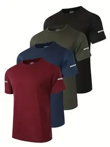 Men's Solid Sporty T-Shirts with Reflective Strips, Breathable Quick-Dry Short Sleeve Crew Neck, Moisture-Wicking Gym Wear for Running, High Performance Activewear, Athletic Sports Clothing