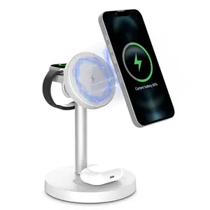 RUIMAILAI 3-in-1 Multifunctional Charger, 15W Fast Charging Station & Foldable Desktop Stand, Magnetic Phone Charger Compatible with MagSafe, iPhone 17/16/15/14/13/12 Series, AirPods, iWatch Series