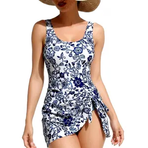 Victoria Secret-Inspired Tummy-Smoothing One-Piece Swimsuit 2026 Adjustable Tie Waist Custom Fit Blue Floral Print Family Approved Beachwear tankini suit High-Elasticity Underwire Trendy Scallop Trim Neon Stitch Double Strap Bikini Set Diamond Neckline