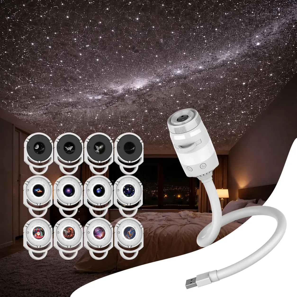 2-in-1 Galaxy Projector Night Light, ABS Plastic USB-Powered LED Lamp with Moon & Galaxy Projection, 360° Adjustable Low Power Home Use Light, Gift for Kids, Bedroom & Nursery Decor
