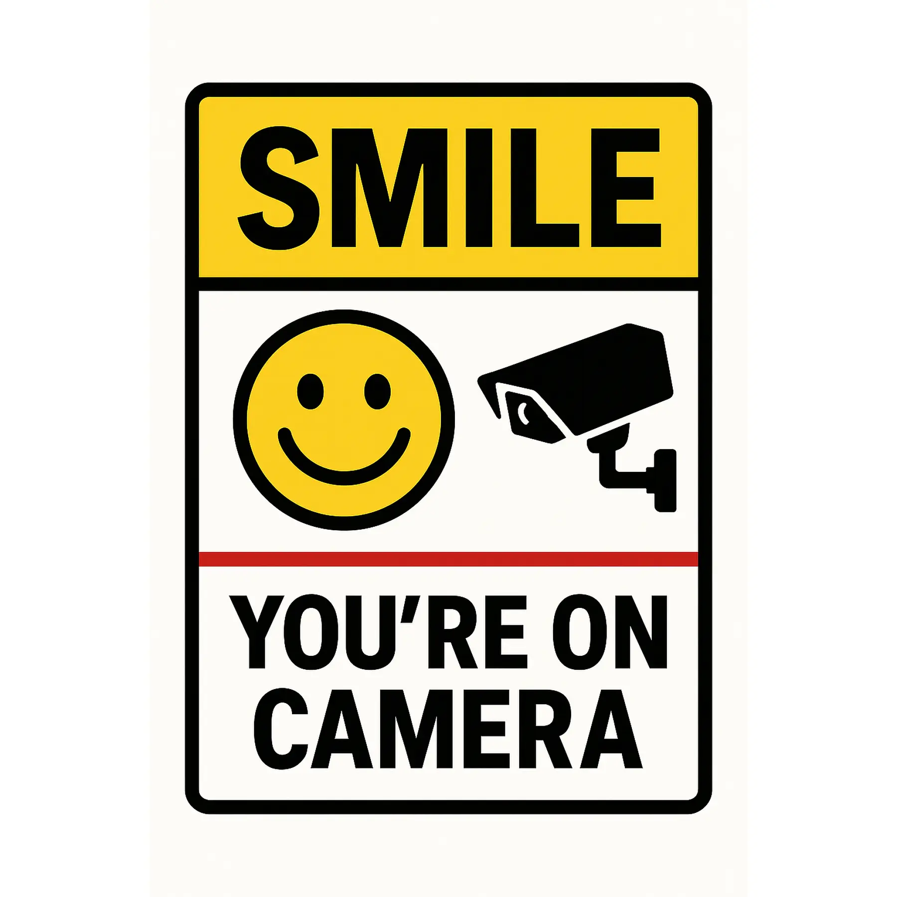 Smile You're On Camera Sign - Yellow Background with Smile Emoji and Camera Icon - Ideal for Security Awareness