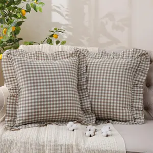 Green Gingham Throw Pillow Covers 100% Washed Cotton Like Linen Feel Soft Comfy Ruffle Farmhouse Decorative Pillow Cases Sham Set of 2 for Couch Sofa Bed (22x22 Inches, Zipper Closure)