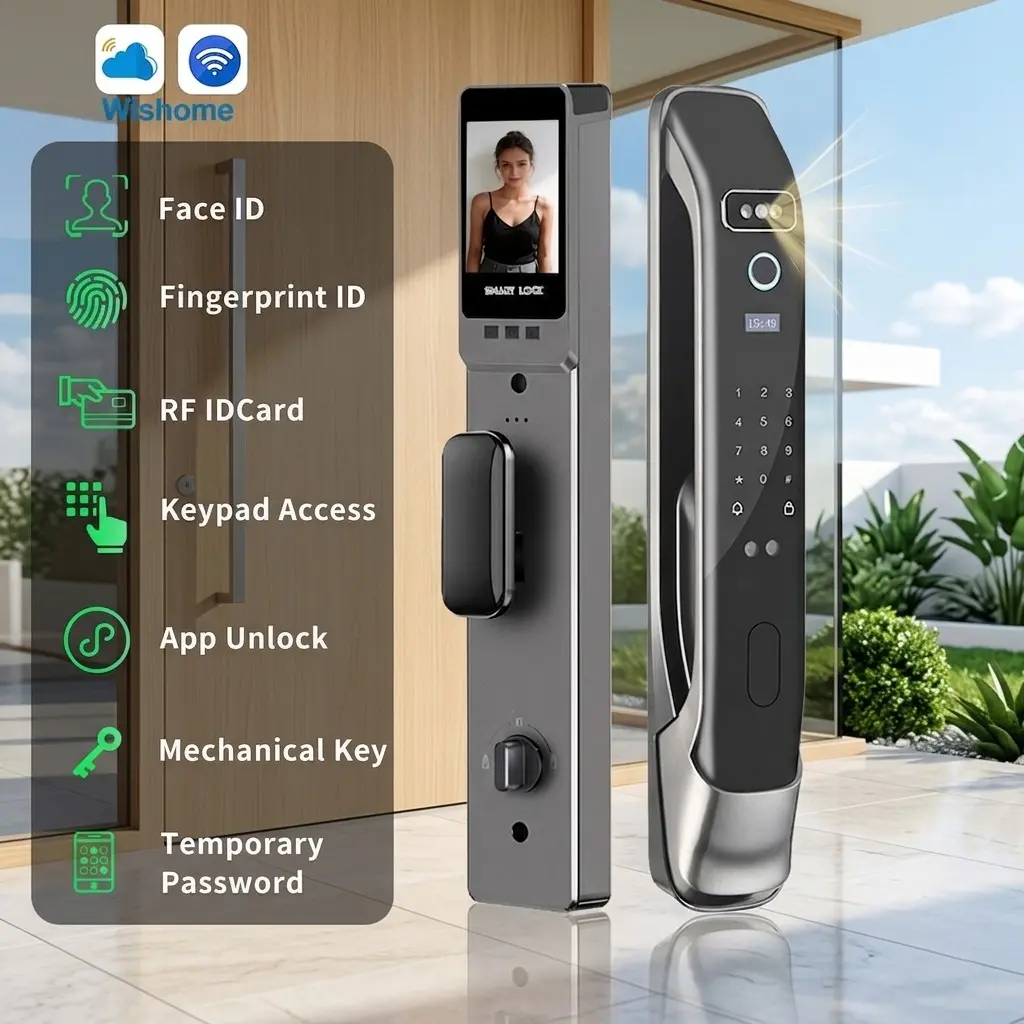 7 in 1 Keyless Touchless Entry Door Lock with Face ID and Fingerprint, Aluminum Smart Lock for Front Door, Biometric Door Lock, Compatible with Wishome App