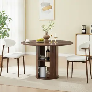 47.24" Round Dining Table with 2 Chairs, 2-Tier Storage, Space-Saving Round Table Set for Dining Room, Kitchen, Living Room，Walnut
