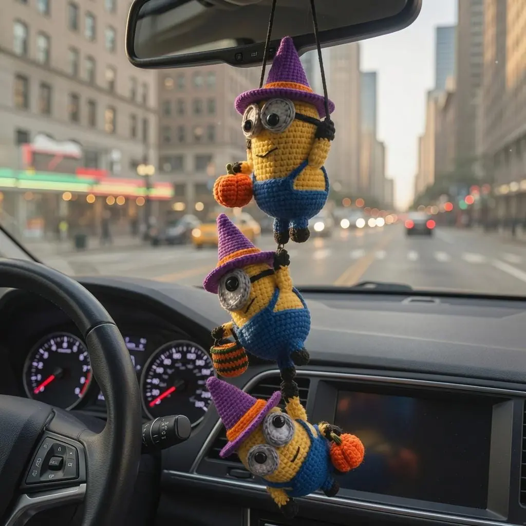 Funny Halloween Triple Minions Crochet Car Mirror Hanging - Handmade Amigurumi Character Charm, Gift for Him Her, Car Decor