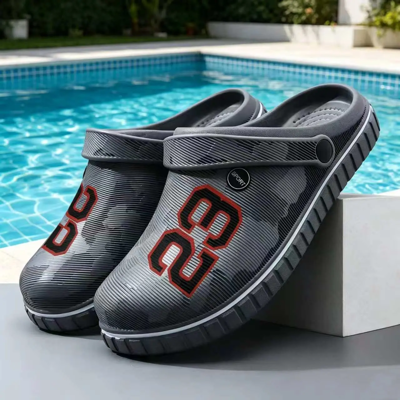 Men's 23" Classic Athletic Slide Slippers - Ultra-Soft EVA Sole, Non-Slip, Waterproof, Lightweight, Durable, Loose Fit, Ankle-Cut, Modest Round Toe, Slip-On - Ideal for Summer Pools, Party Footwear