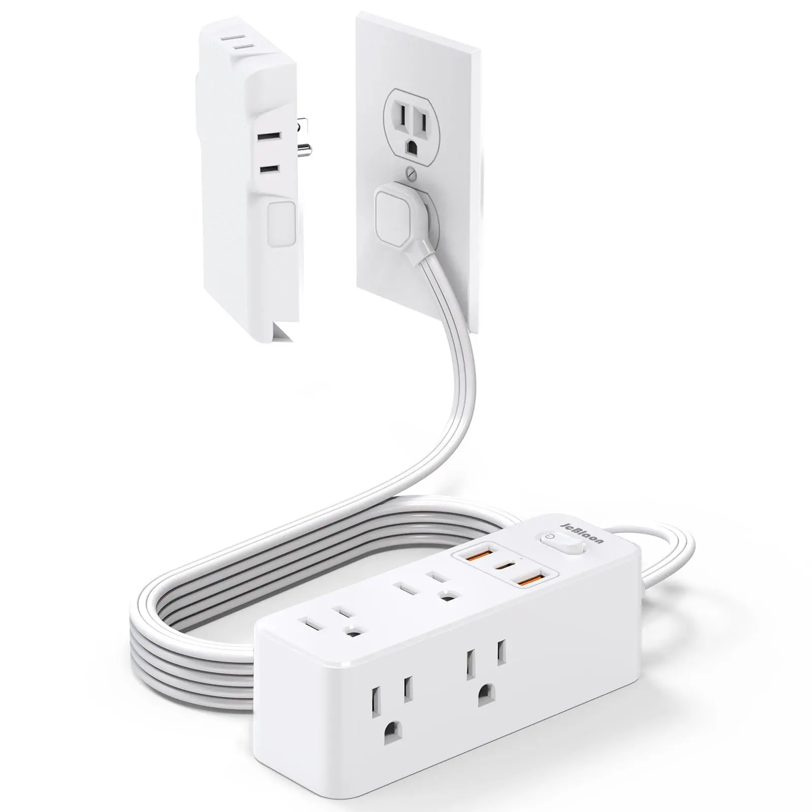 Surge Protector 5FT Flat Cord with Outlet Cover, 6 Outlets, 3 USB, Hidden Wall Mount Extender for Tight Spaces, White Home Office Dorm Kitchen Power Outlets Strip, Power Socket Extender