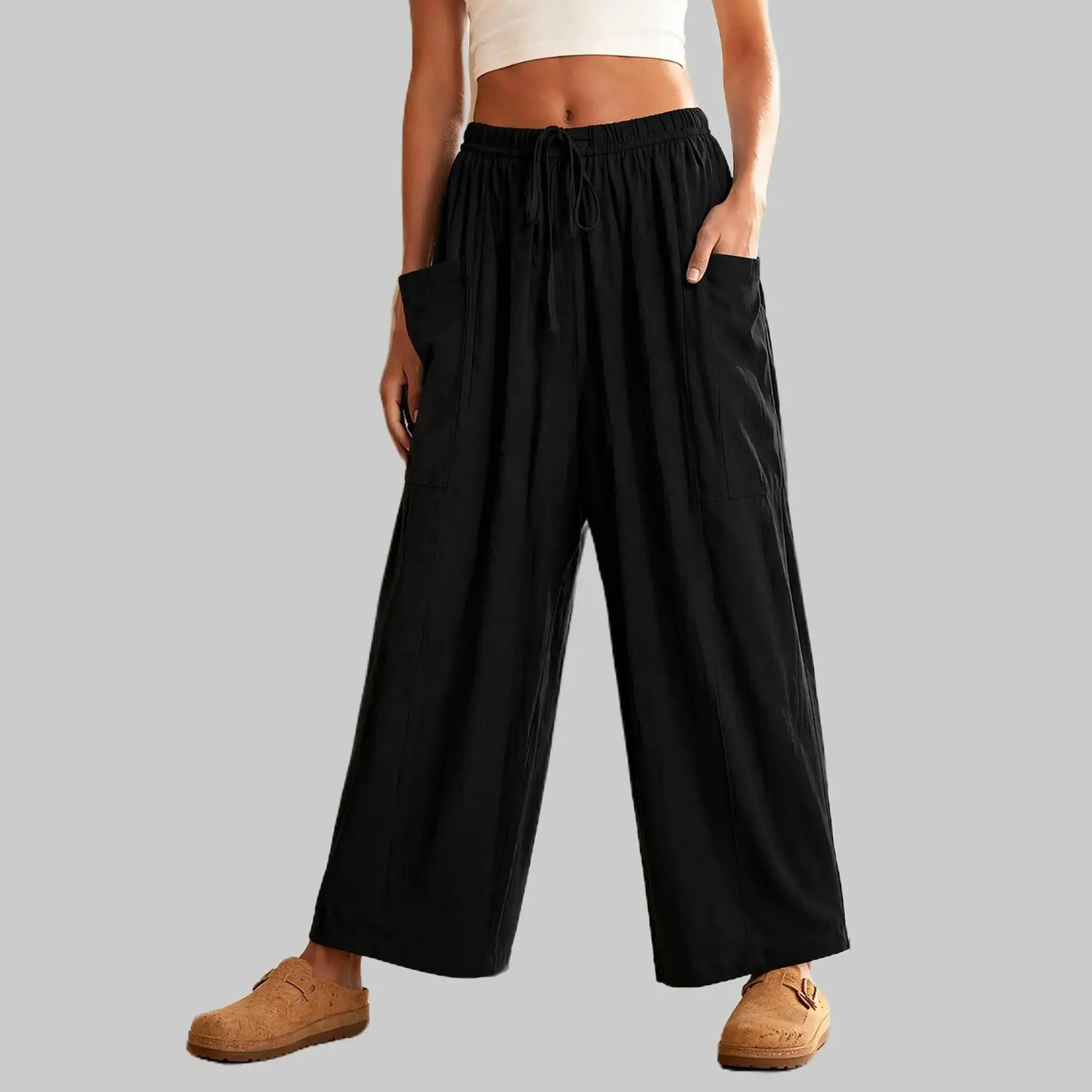 Women's Linen Wide Leg Pants - Plus Size Bottoms with Pockets, Boho Earthy Girl Clothes, Casual Streetwear Pants, Relaxed Cut for Easy All-Day Wear, Summer Modest Women's Clothes