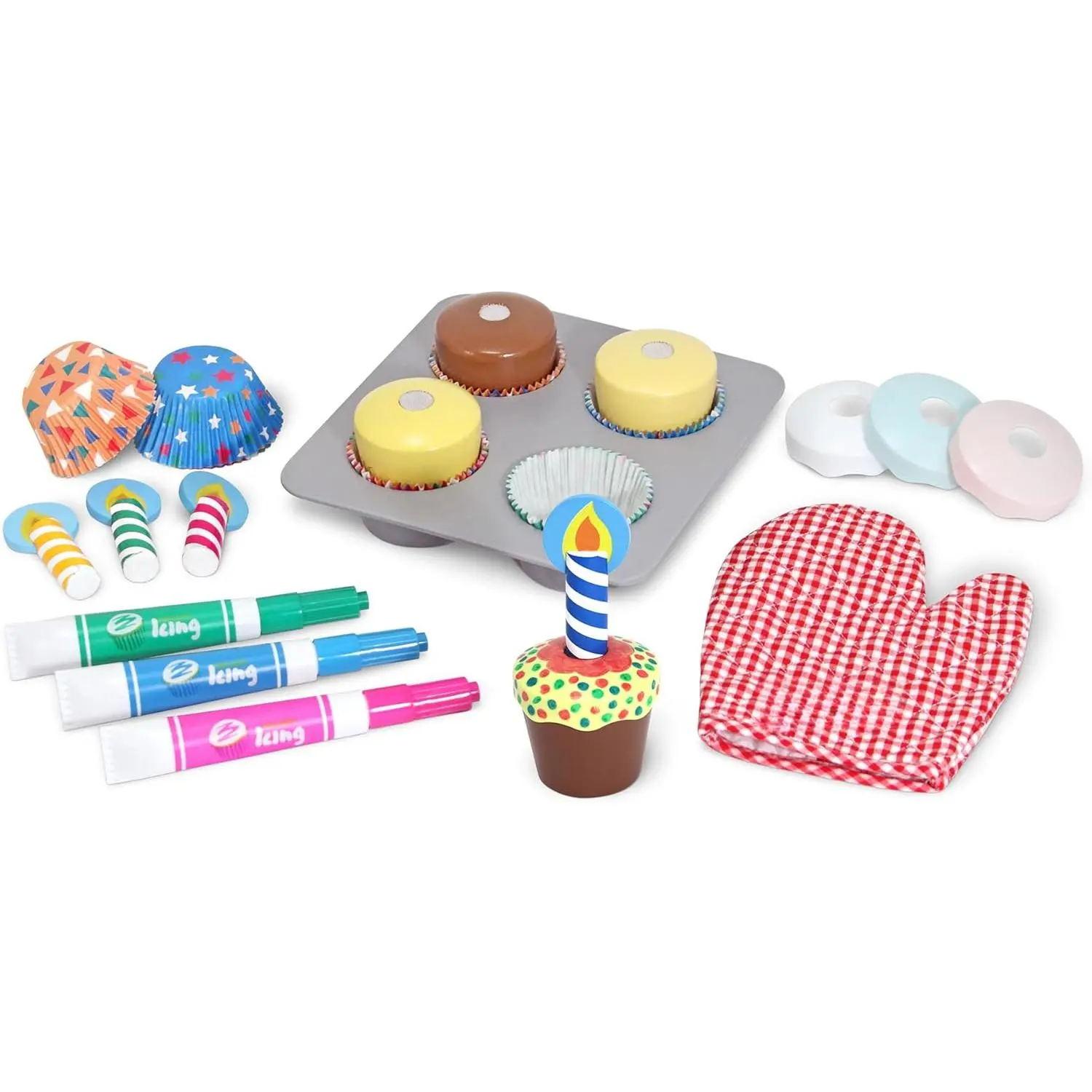 Wooden Cupcake Bake & Decorate Kit - Kitchen Pretend Play Set with Mock Food, Toppings, 3 Icing Marker Pens, Kitchen Accessories, Wooden Kids Toys for 3-4 Years Preschool Learning Decoration