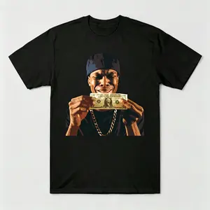 Hip Hop Holding Dollar Bill Portrait T-Shirt for Men/Women (Unisex), Vintage Retro Rap Music Streetwear Casual Cotton Short Sleeve Tee, Black/White