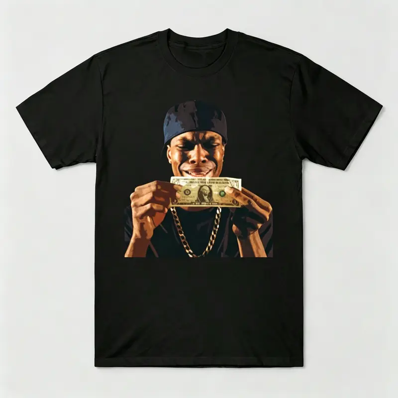 Hip Hop Holding Dollar Bill Portrait T-Shirt for Men/Women (Unisex), Vintage Retro Rap Music Streetwear Casual Cotton Short Sleeve Tee, Black/White