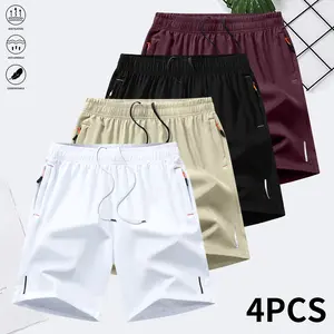 4-piece set,  zipper pocket thin  quick drying fabric , summer ice silk beach , ice fast drying sports and leisure pants, basketball , reflective strip design,  wear, plain pants, suitable for running and fitness