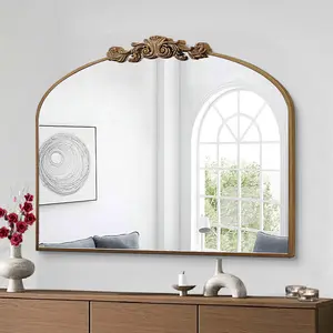 Gold Arched Mirror, 36"x29" Antique Bathroom Mirror with Wooden Frame, Vintage Ornate Baroque Decorative Mirror for Entryway, Fireplace, Living Room structure sturdy Wreath Glass Wall men accessories full length mirror