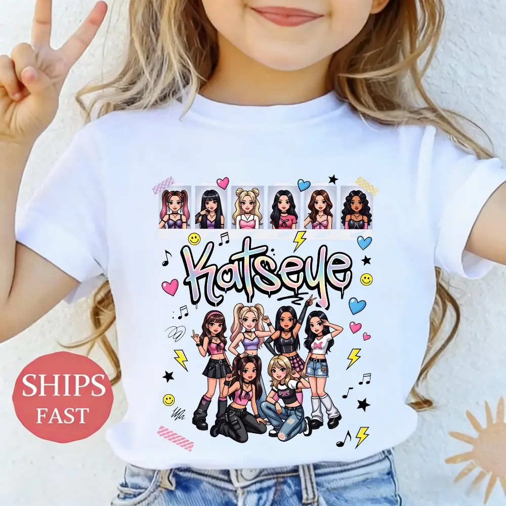 Katseye Women's Band Pattern Shirt, Girls' T-Shirt, 100% Cotton T-Shirt, Girls' Clothes, Casual Outdoor Sports Style, Comfortable And Breathable, Skin-Friendly, Fashionable And Versatile, Crew Neck Short-Sleeved Shirt That Can Be Worn Alone