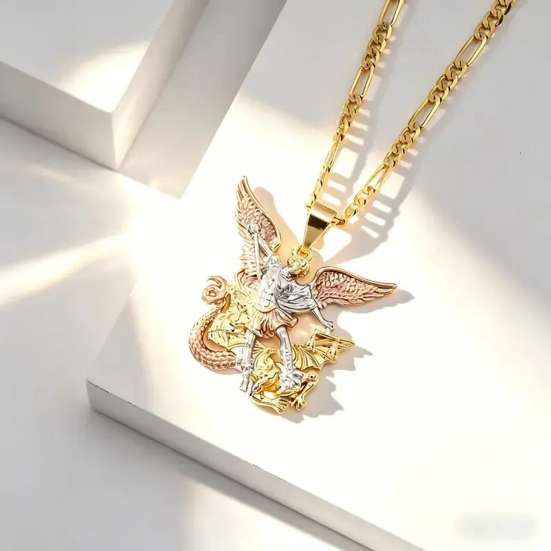 San Miguel Arcangel Necklace 14K Gold Plated, Detailed Three-Tone Holy Angel Shield Pendant, Minimalist Unisex Faith Jewelry, Unique Christmas Graduation Gift Ideas for Son Brothers Teens
