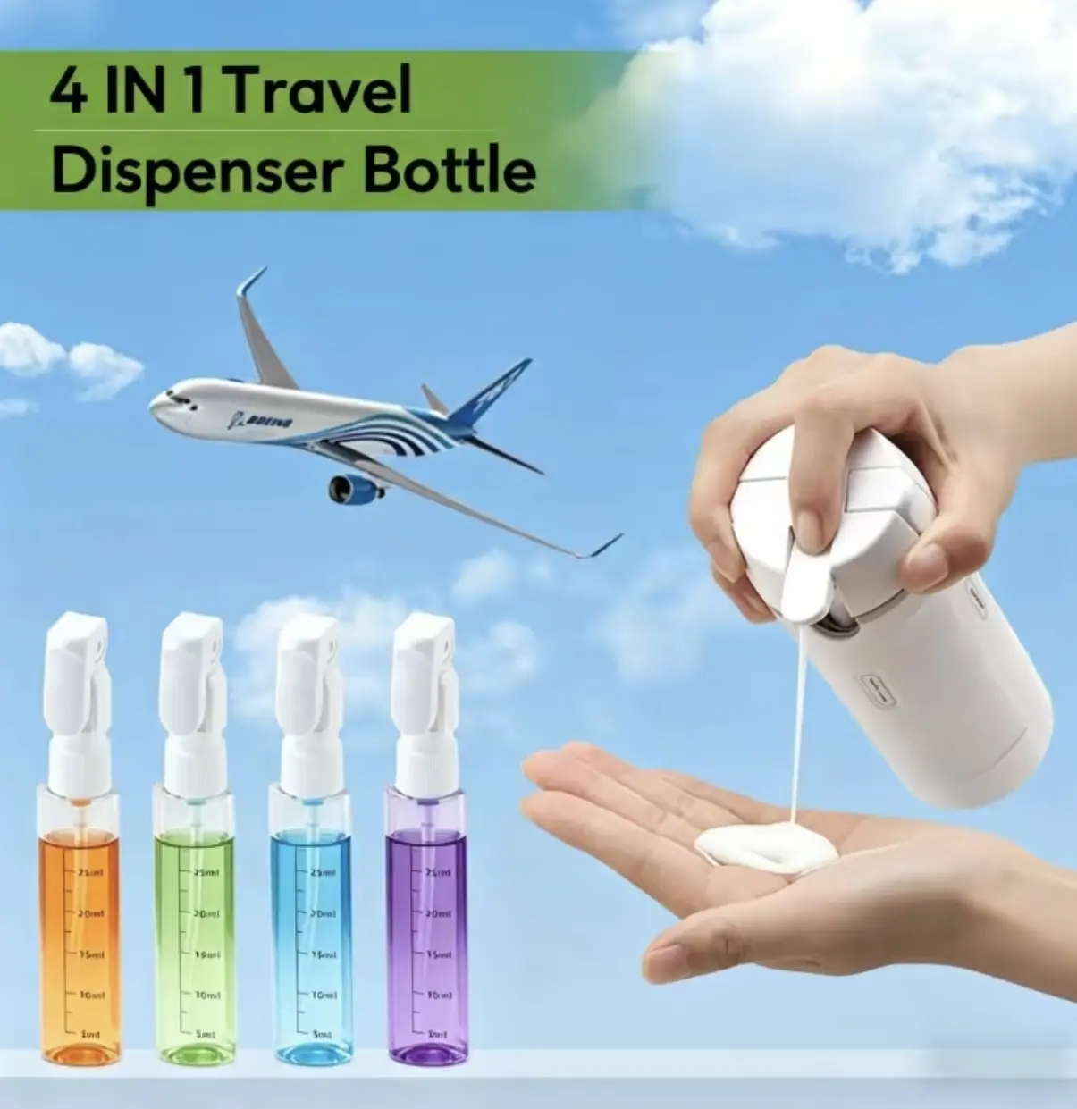 Four in one travel toiletries are divided into bottles, portable cosmetics/shampoo/lotion storage bottles, which can hold four kinds of toiletries, sealed, leak proof, extrusion free, compact, and can be carried on the plane