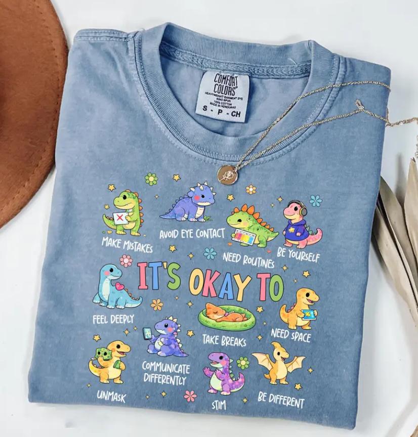 Comfort Colors Autism Awareness Dinosaur T-shirt: It’s Ok To Be Different Shirt, Autism Mom Shirts, SPED Teacher Neurodiversity Tee, Positive T-shirt