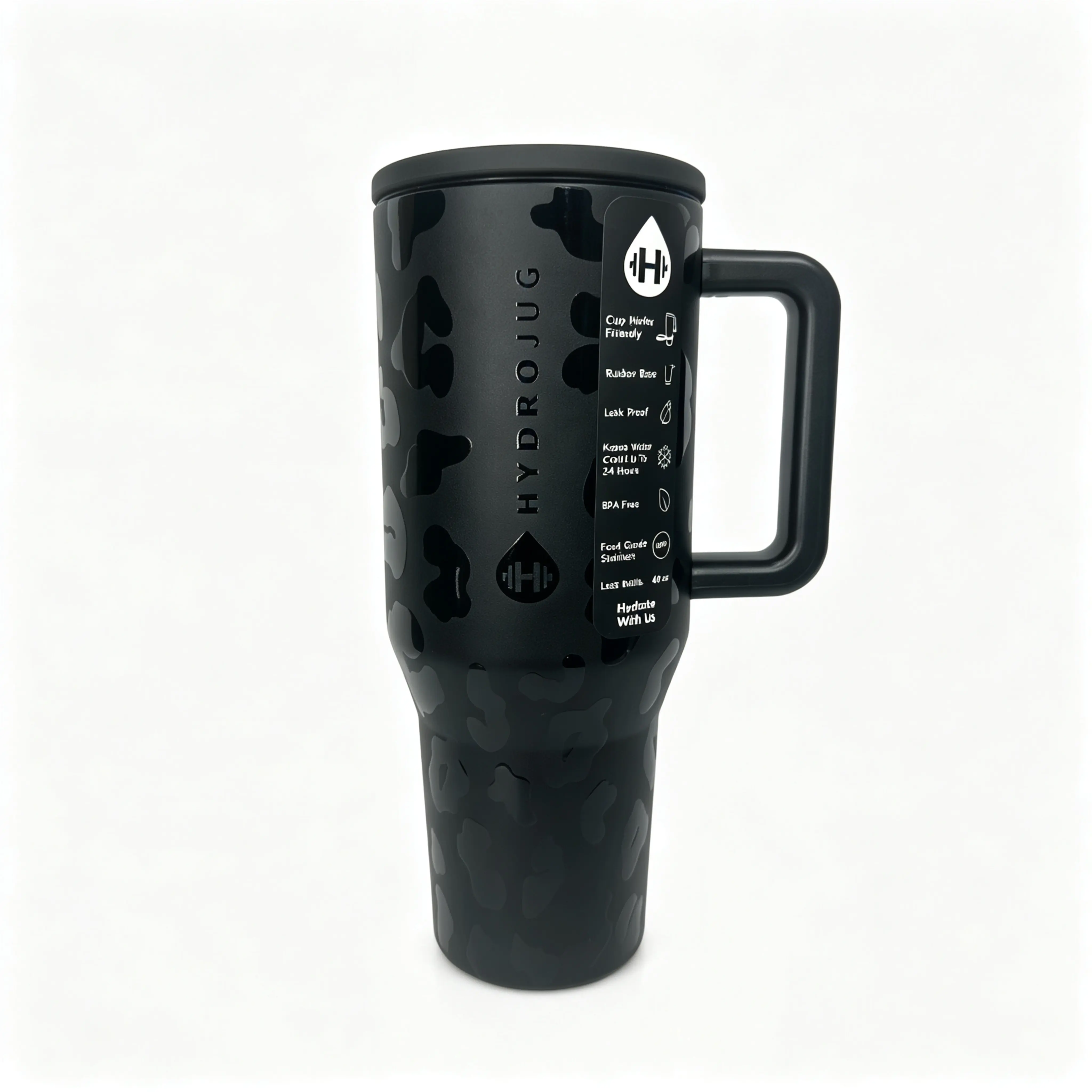 HydroJug 40oz Matte Black Leopard Print Insulated Mug Tumbler - 18/8 Stainless Steel Vacuum Flask, Double-Wall Portable Stylish Everyday Tumbler, Handle & Flip Straw Cap, 24-Hour Cold Retention, Leak-Proof, Cup Holder-Friendly Gym Gift Plaid Water Bottle